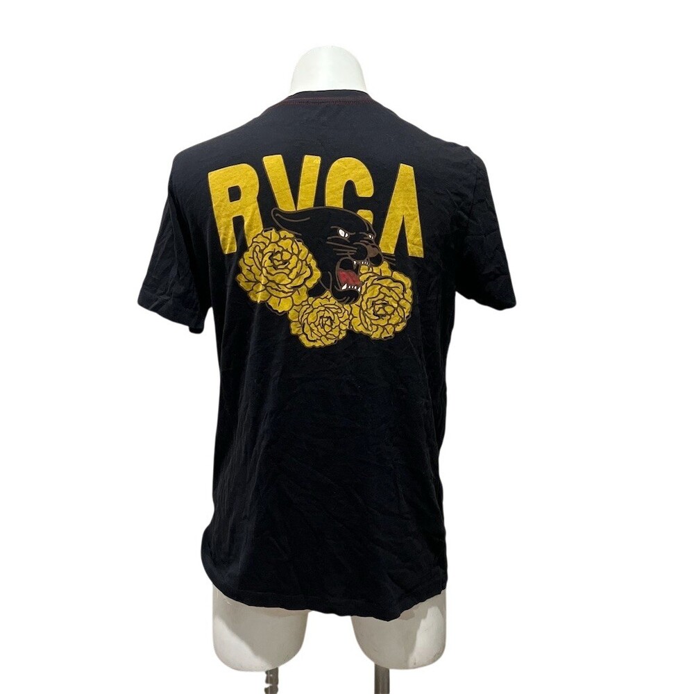 RVCA T-Shirt Mens Size S Black Graphic Panther Roses Logo Crew Neck Tee